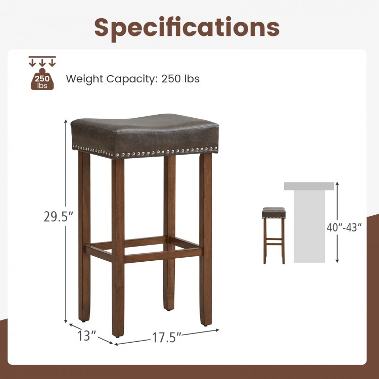 Saddle-shaped upholstered bar stool with natural rubber wood legs, gray PU leather, ideal for dining and kitchen use.