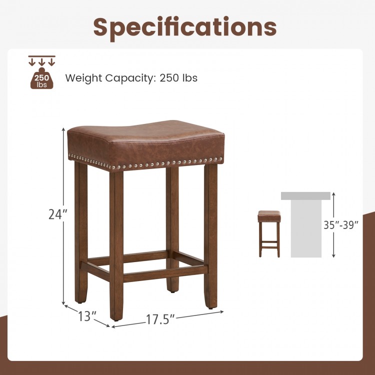 24-inch brown upholstered PU leather bar stool with rubber wood legs and footrest, ideal for dining and kitchen use.