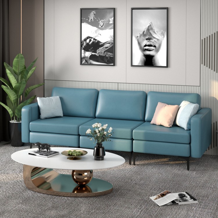 Blue convertible leather sofa couch showcasing side storage pockets and a stylish design, ideal for contemporary rooms.