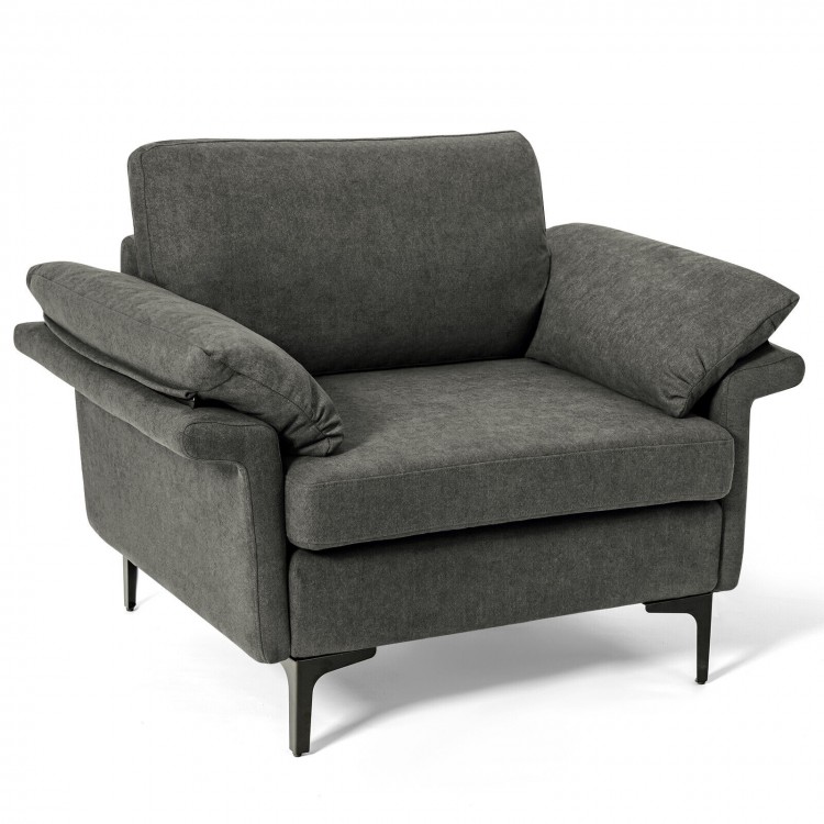 Modern gray fabric accent armchair with ergonomic cushions and metal legs for comfortable seating in any space.