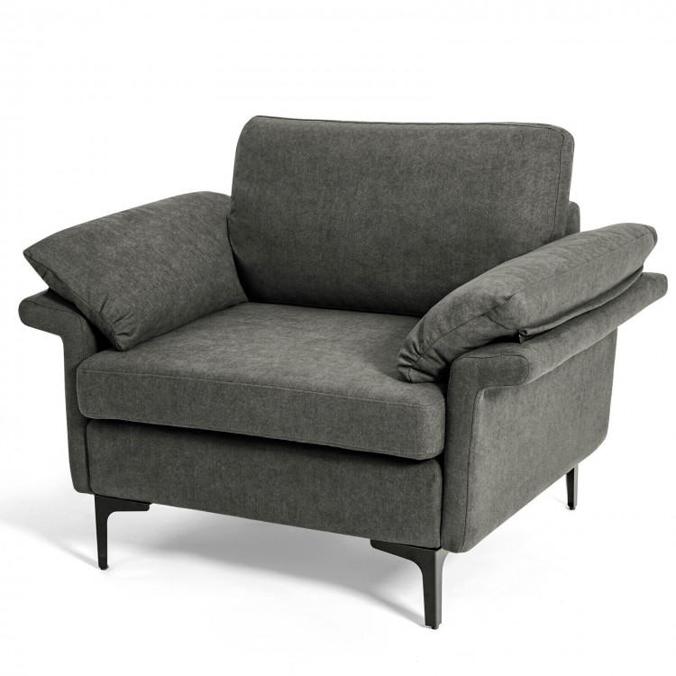 Gray modern fabric accent armchair showcasing thick padding and a sloped backrest for enhanced ergonomic comfort.