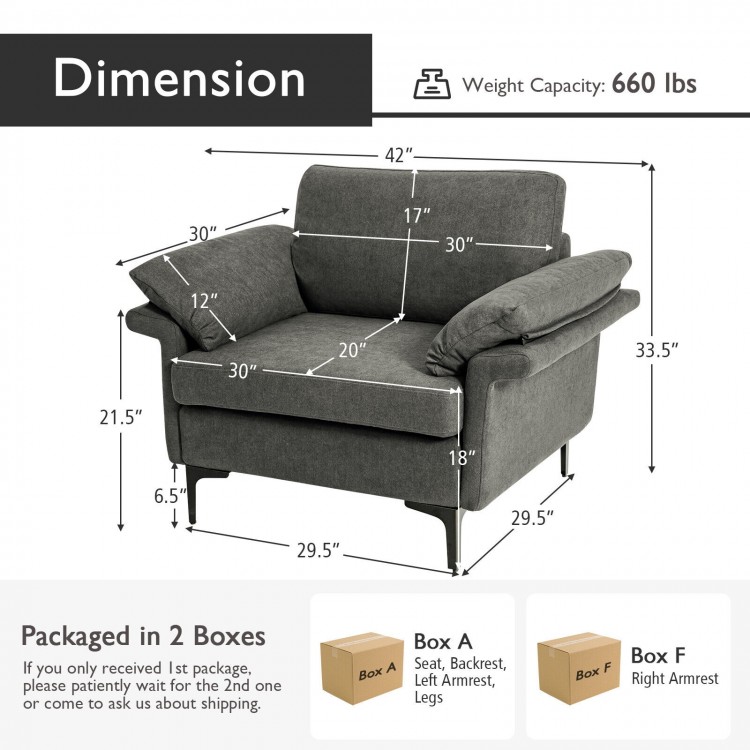 Modern gray fabric accent armchair with ergonomic cushions and metal legs, designed for comfort and style in any space.