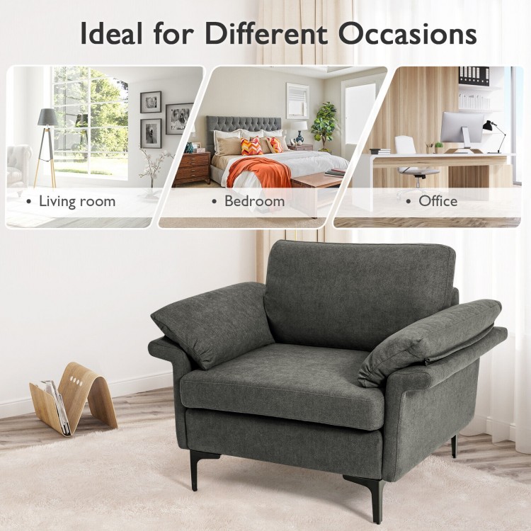 Gray modern fabric accent armchair with ergonomic cushions and metal legs, ideal for living room, bedroom, or office.