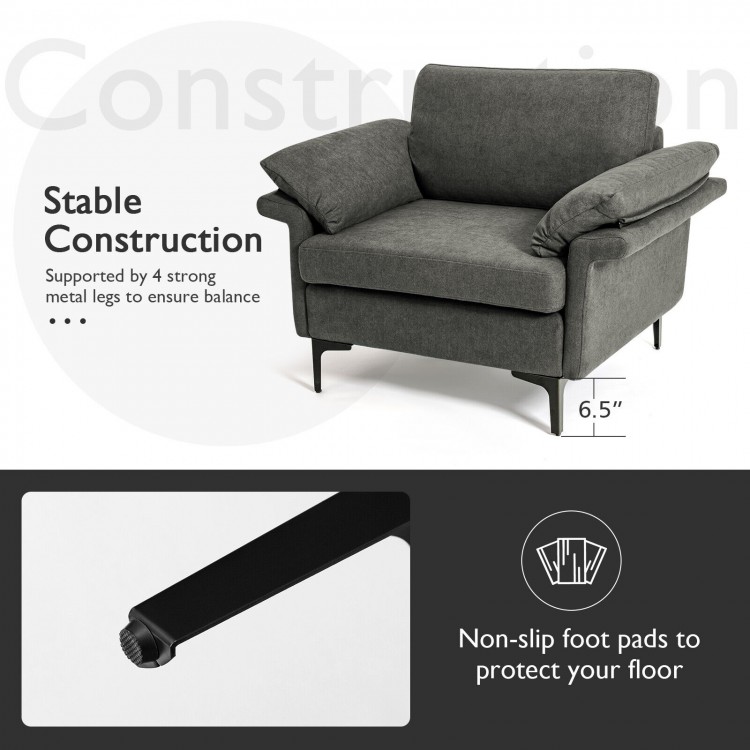 Gray modern fabric accent armchair with ergonomic cushions and stable metal legs, featuring non-slip foot pads for.