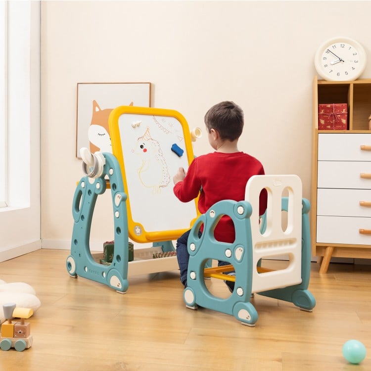 Kids art easel with chair, multicolor, featuring a 3-level adjustable whiteboard for creative play and learning.