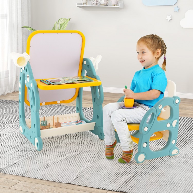 Kids art easel with chair, multicolor, featuring adjustable whiteboard and storage, perfect for playroom activities.