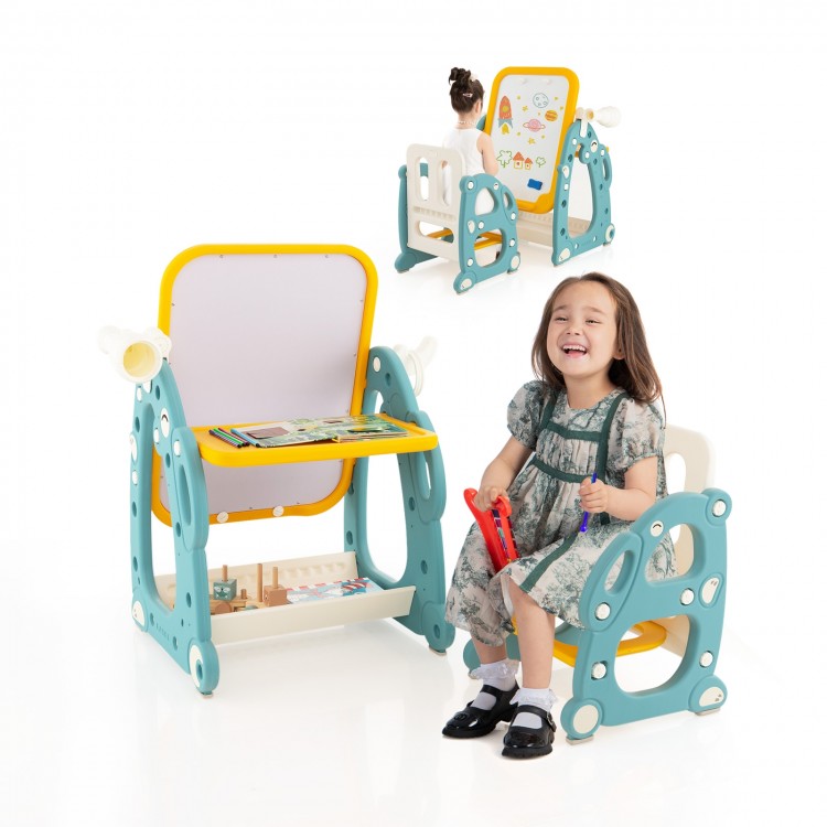 Kids art easel with chair featuring a 3-level adjustable whiteboard, designed for creative play and ergonomic comfort.