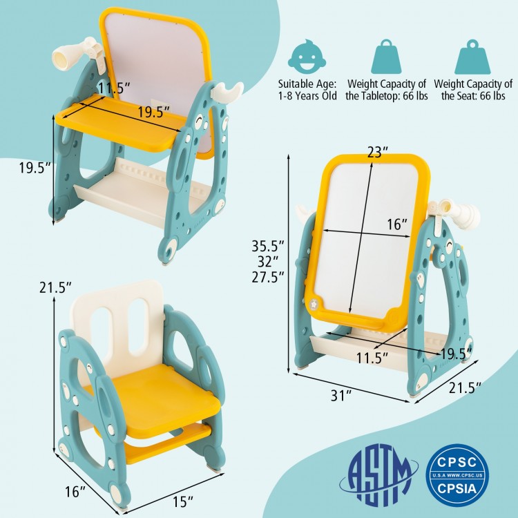 Kids art easel with adjustable whiteboard and ergonomic chair, designed for ages 1-8, ideal for playrooms and.