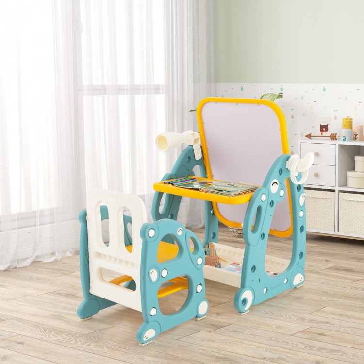 Kids art easel with adjustable whiteboard and ergonomic chair in multicolor, perfect for creative play and learning.