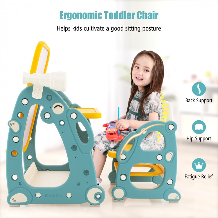 Ergonomic toddler chair with back support, designed for comfort and fatigue relief, paired with a multicolor art easel.
