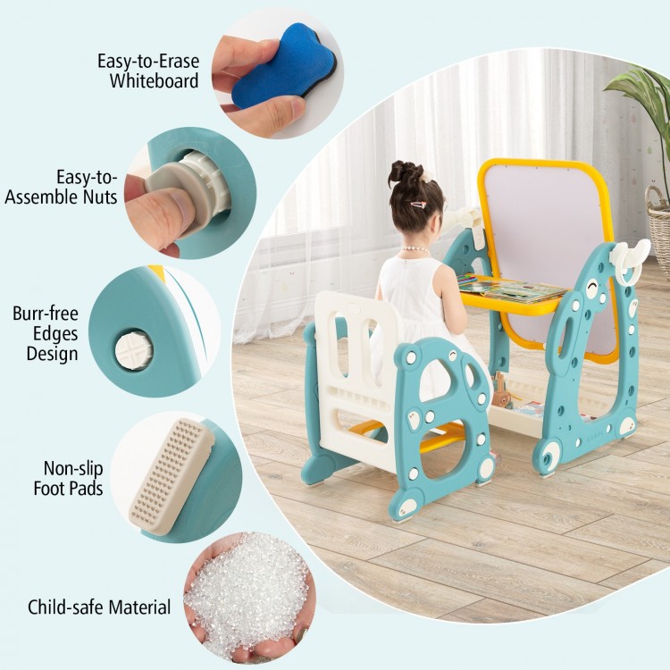 Kids art easel with chair featuring a 3-level adjustable whiteboard, ergonomic design, and non-slip foot pads for.