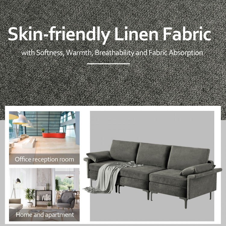 Large gray 3-seat sectional sofa with metal legs, featuring soft linen fabric for comfort in home or office settings.