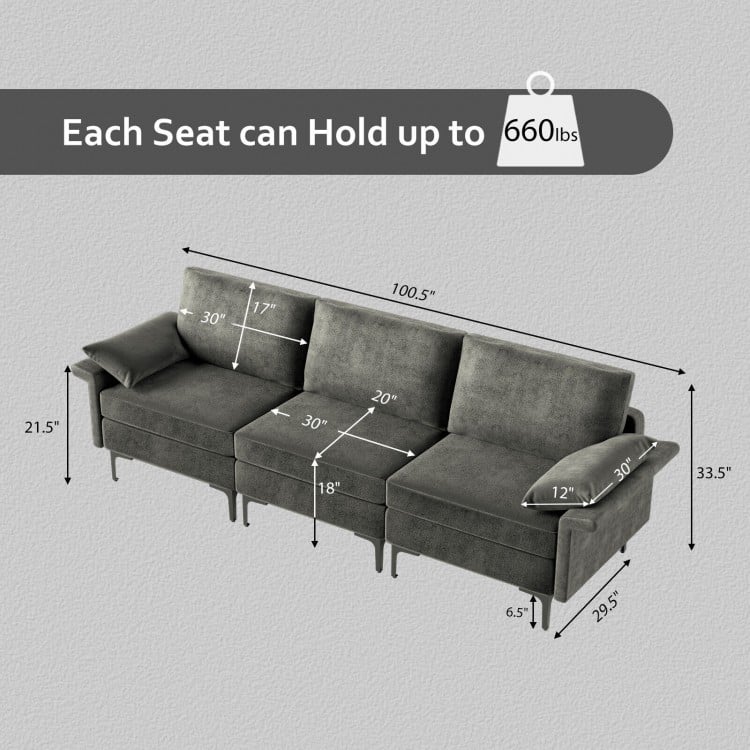 Large gray 3-seat sectional sofa with metal legs, featuring dimensions and weight capacity for comfortable lounging.