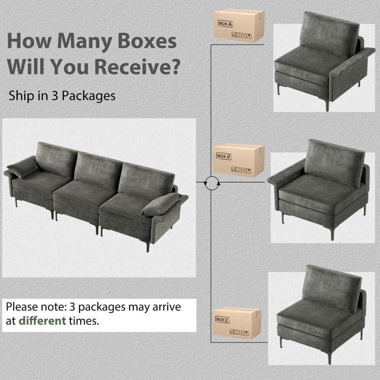 Large gray 3-seat sofa sectional with metal legs, featuring spacious seating and comfortable cushions for lounging.