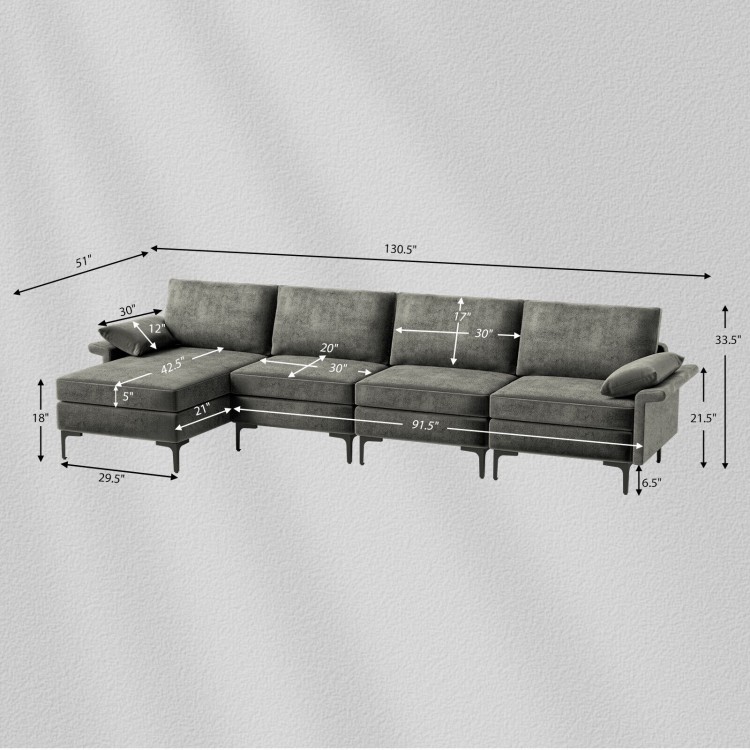 Extra large gray L-shaped sectional sofa with reversible chaise, USB ports, and ergonomic design for comfortable.