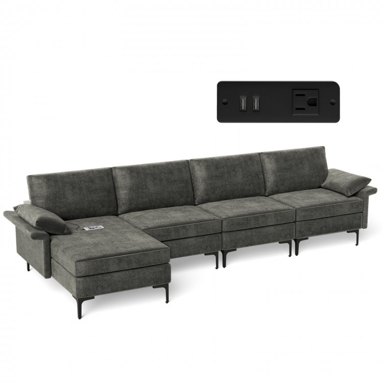 Extra large gray L-shaped sectional sofa with reversible chaise and USB ports, perfect for 4-5 people in modern living.