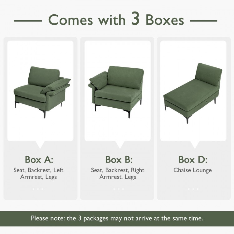 Extra large modular L-shaped sectional sofa in army green with reversible chaise, ideal for 4-5 people and versatile.