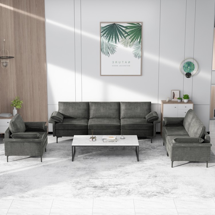 Large 3-seat sectional sofa in silver linen with metal legs, featuring USB ports, ideal for lounging and relaxing.