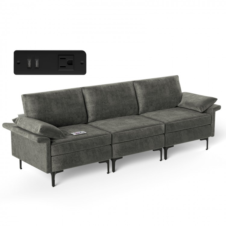 Large 3-seat sectional sofa in silver with metal legs and 2 USB ports, ideal for lounging and relaxation.