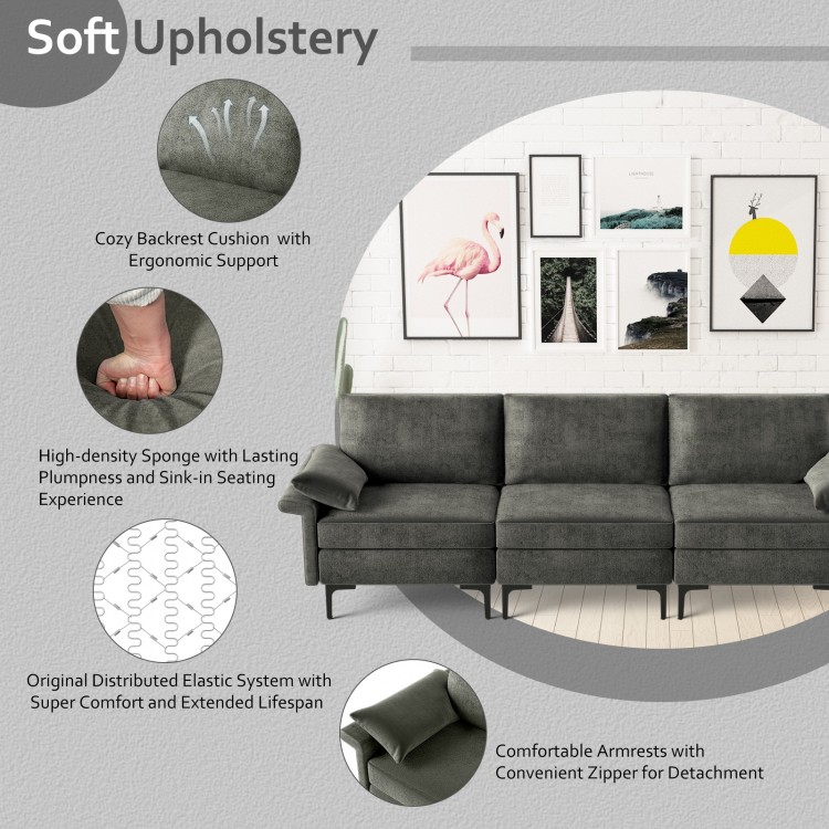 Large 3-seat sectional sofa in silver with metal legs, featuring high-density sponge cushions and USB ports for comfort.