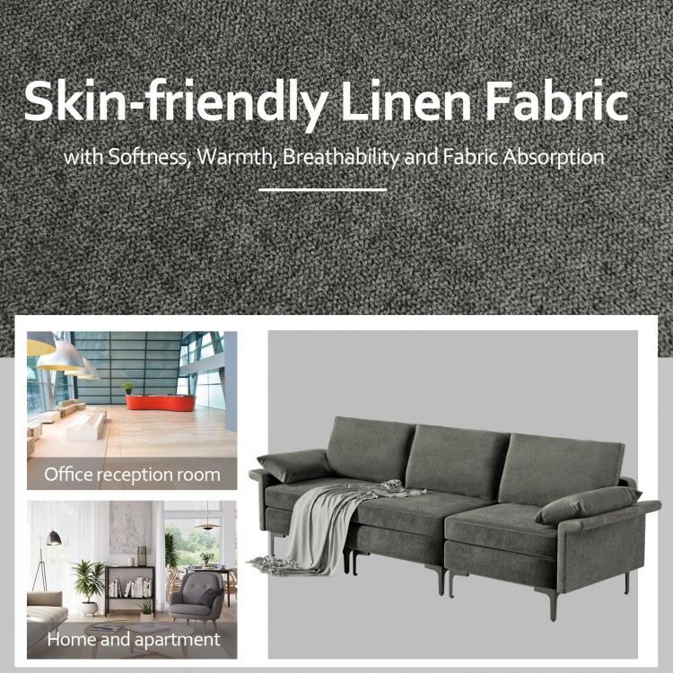 Large 3-seat sectional sofa in silver linen fabric with metal legs, featuring USB ports for modern living spaces.