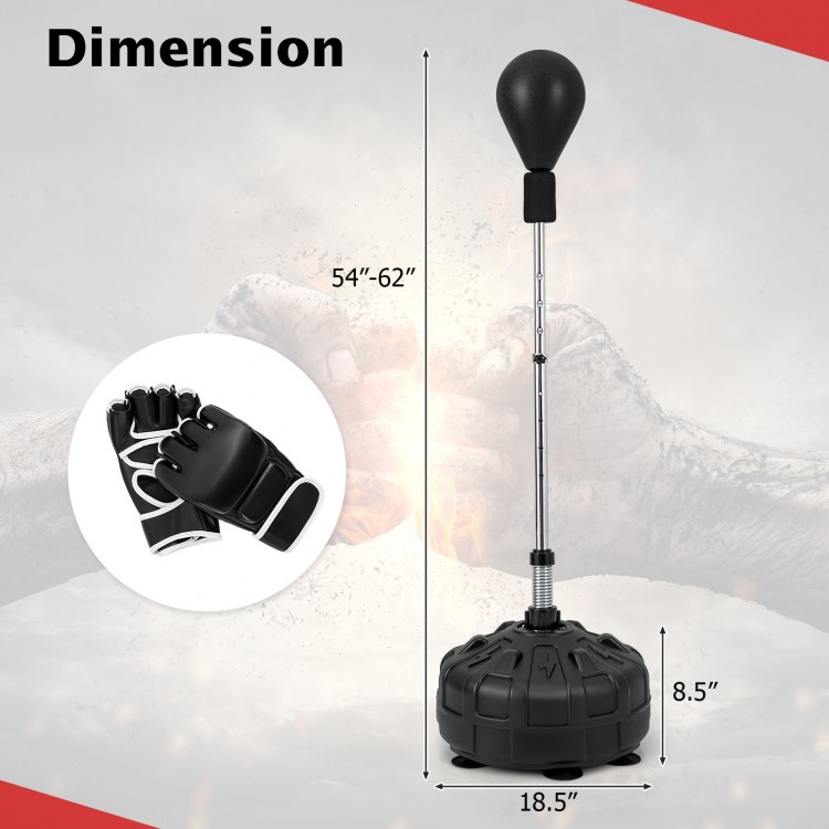Freestanding reflex punching bag with adjustable height, thick fillable base, and included gloves for training.