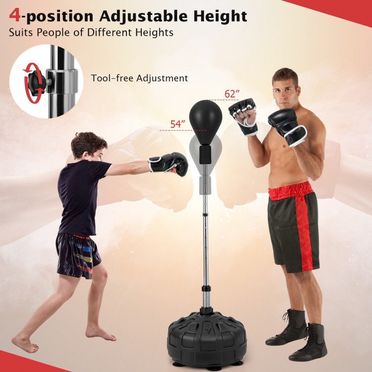 Freestanding reflex punching bag with adjustable height, sturdy base, and included gloves for training and stress.