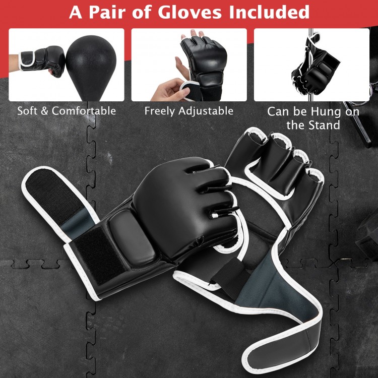 Freestanding reflex punching bag with adjustable height, thick base, and included comfortable gloves for training.