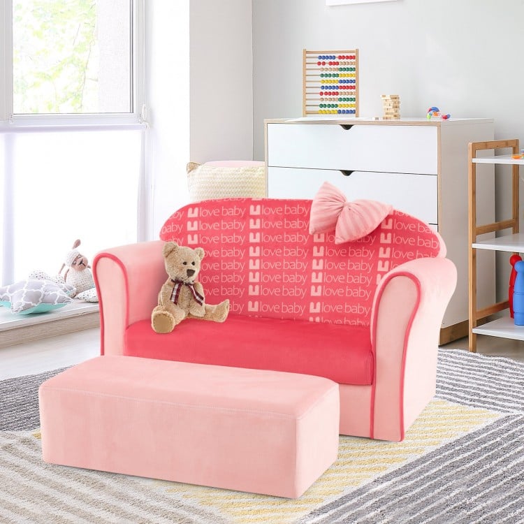 Ultra soft pink velvet kids sofa chair with ottoman, designed for toddlers, perfect for playrooms and cozy seating.