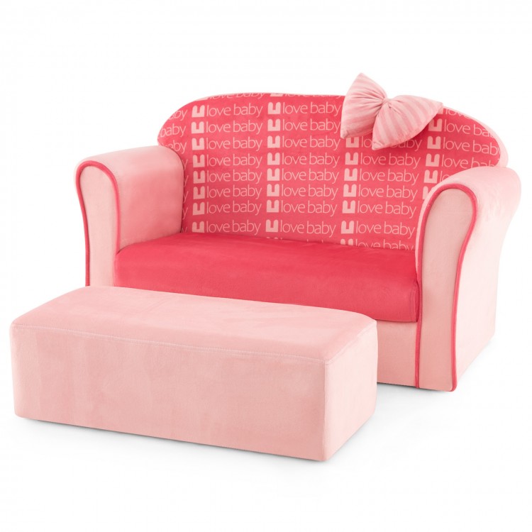 Ultra soft pink velvet kids sofa chair with ottoman, designed for toddlers, perfect for reading and playing.