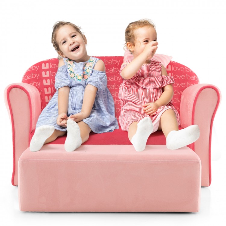 Ultra soft pink velvet kids sofa chair with ottoman, designed for toddlers, perfect for reading and playing.
