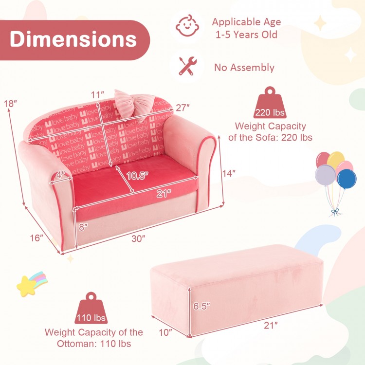 Dimension chart of ultra soft pink velvet kids sofa chair and ottoman, showcasing measurements and weight capacities.