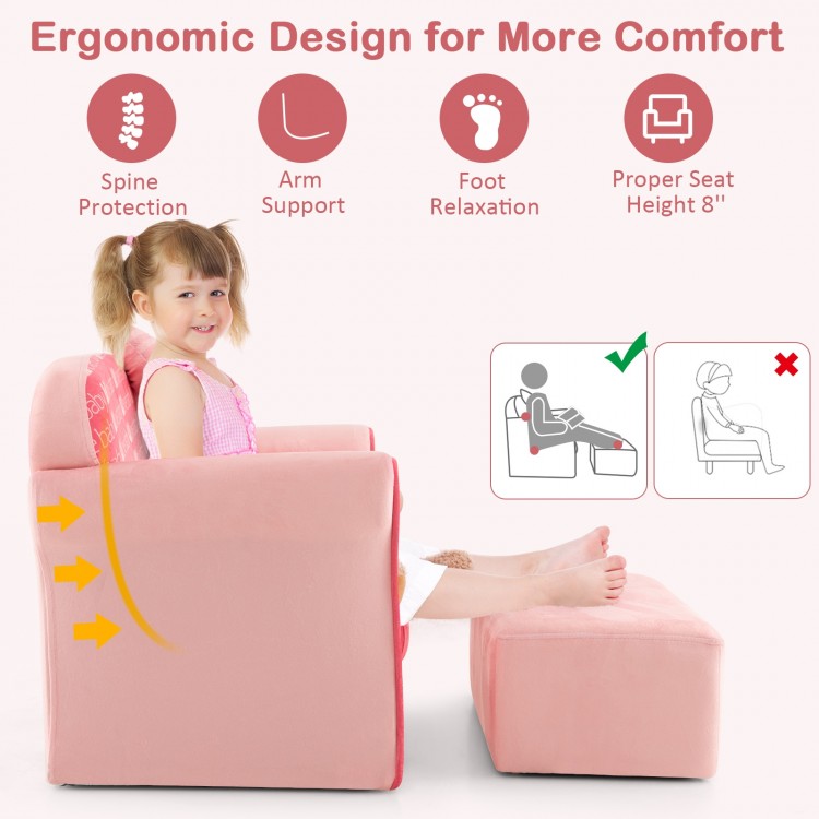 Ultra soft pink velvet kids sofa chair with ottoman, ergonomic design for comfort and spine protection, ideal for.