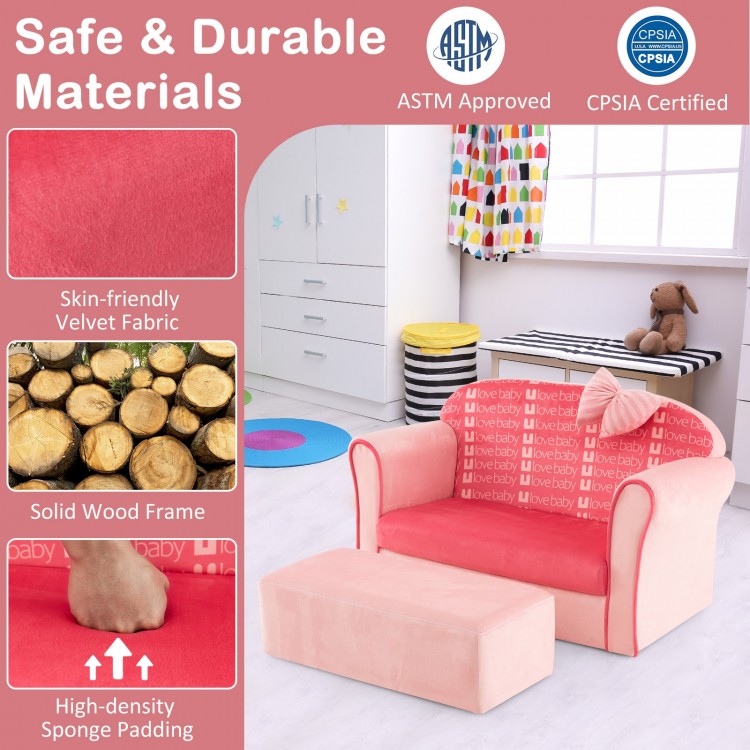 Ultra soft pink velvet kids sofa chair with ottoman, ergonomic design for toddlers, perfect for playrooms and reading.