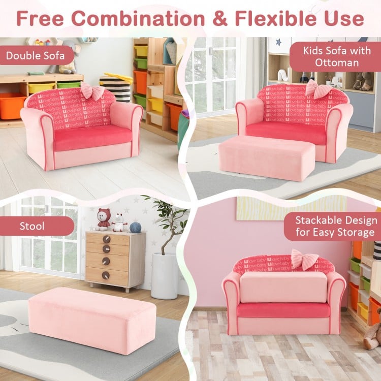 Pink kids sofa with decorative bow and ottoman, featuring curved backrest and wide seat for toddler comfort and support.