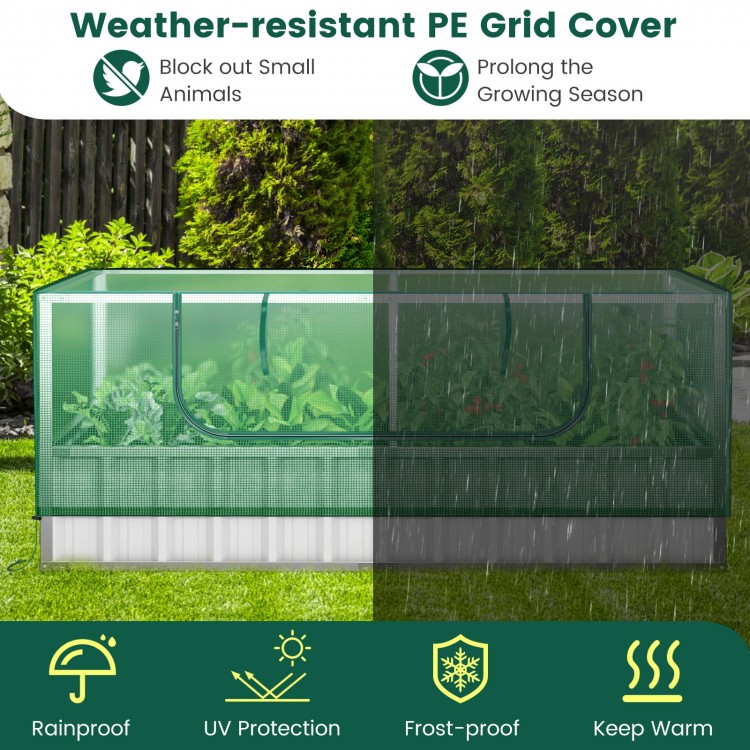 Galvanized raised garden bed with weather-resistant PE grid cover, providing UV protection and frost-proof features for.