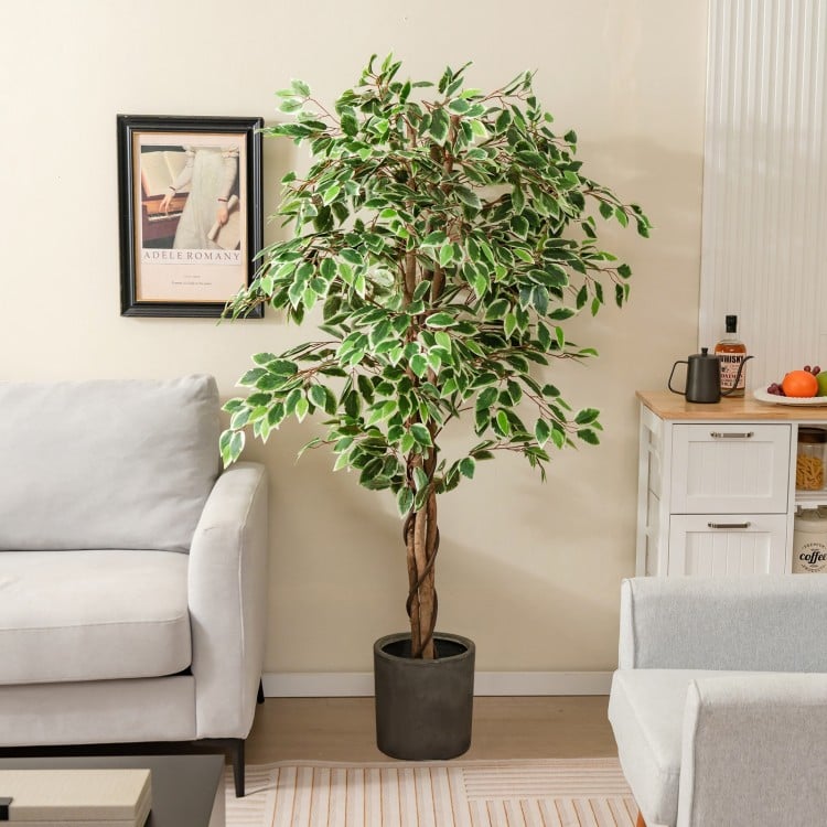 Tall artificial ficus tree with 1008 leaves in a cement-filled pot, perfect for indoor decor and low-maintenance beauty.
