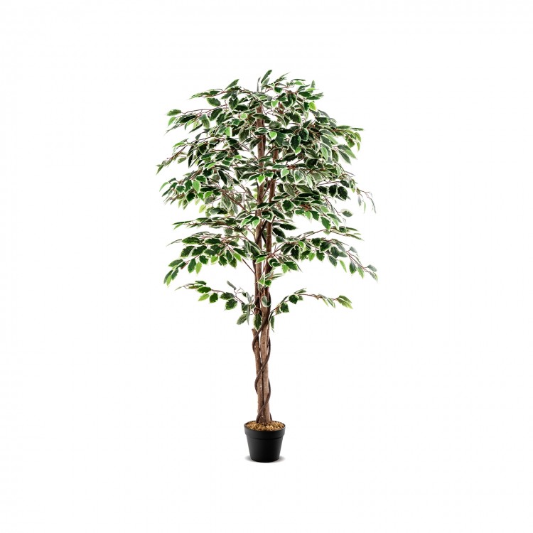 Tall artificial ficus tree with 1008 dense leaves and a solid wood trunk, perfect for home or office decor.