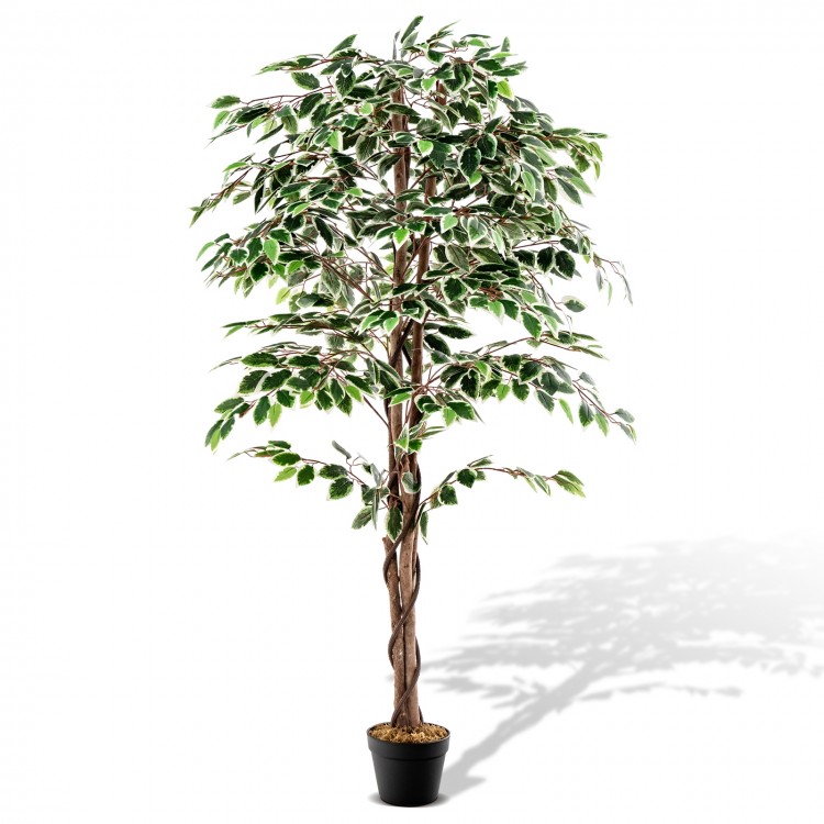 Tall artificial ficus tree with 1008 dense leaves and a solid wood trunk, perfect for indoor decoration and low.