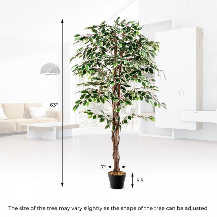 Tall artificial ficus tree with 1008 leaves, solid wood trunk, and adjustable branches for indoor decoration.