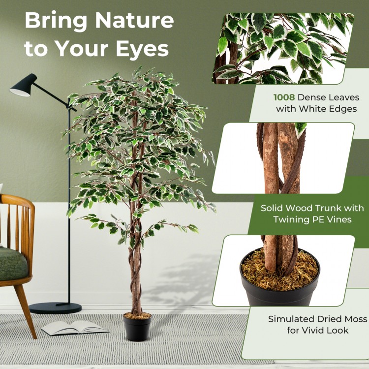 Tall artificial ficus tree with 1008 dense leaves and simulated dried moss, perfect for home or office decor.