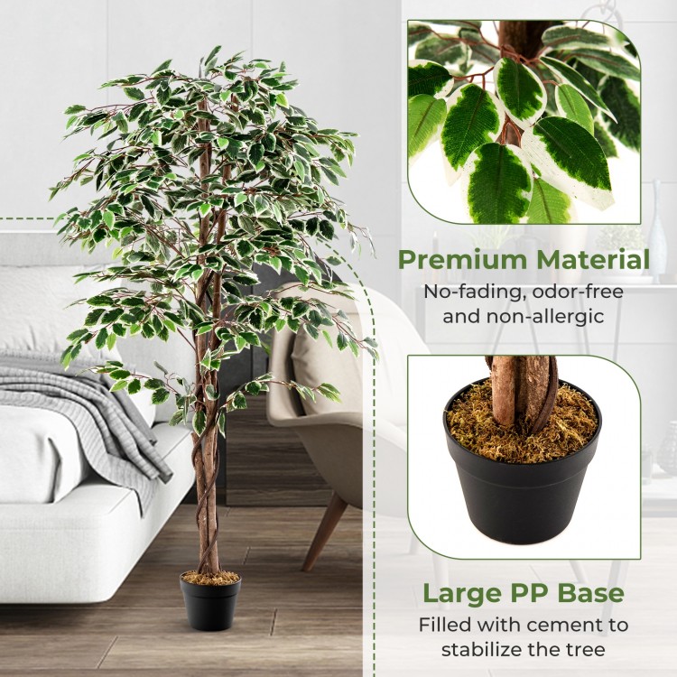Tall artificial ficus tree with 1008 leaves, solid wood trunk, and large PP base for stable indoor decor.