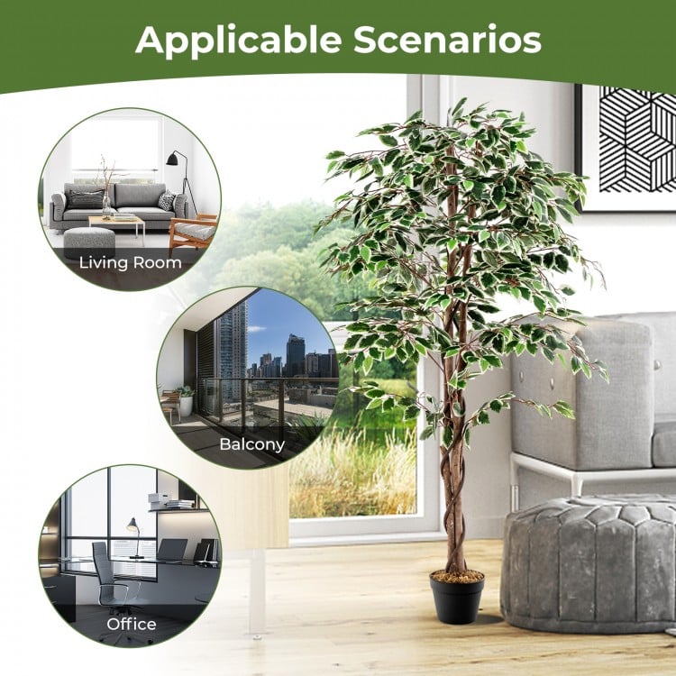 Tall artificial ficus tree with 1008 leaves and a solid wood trunk, perfect for home or office decoration.