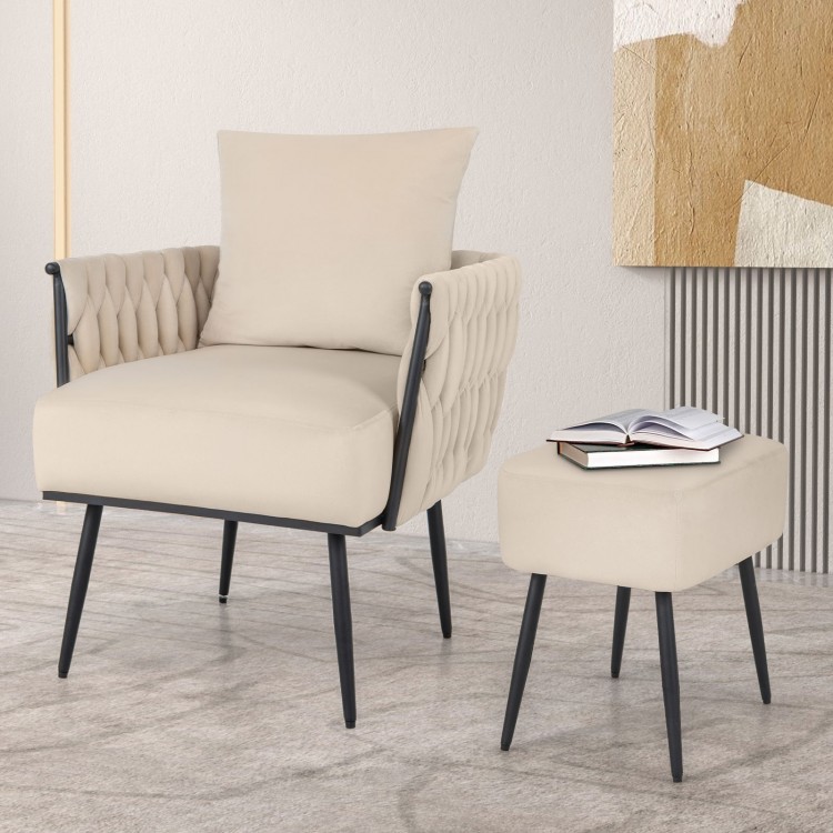 Modern Dutch velvet accent chair with weaved back and arms, featuring a cozy ottoman, perfect for living room.