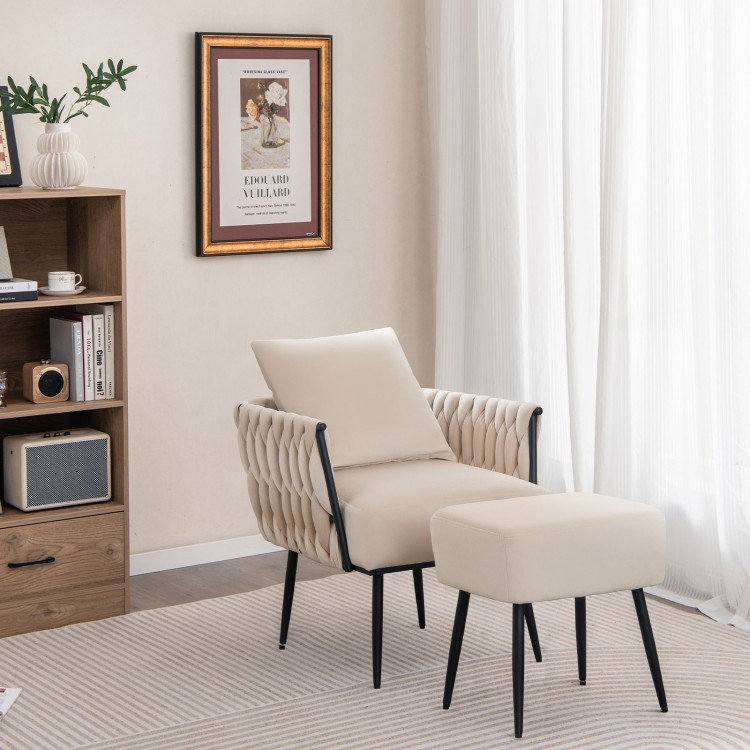 Modern Dutch velvet accent chair with weaved back and ottoman, perfect for living room relaxation and comfort.