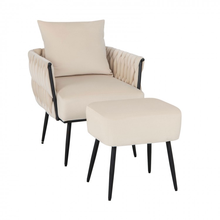 Modern Dutch velvet accent chair and ottoman set in white with weaved back, perfect for living room relaxation.