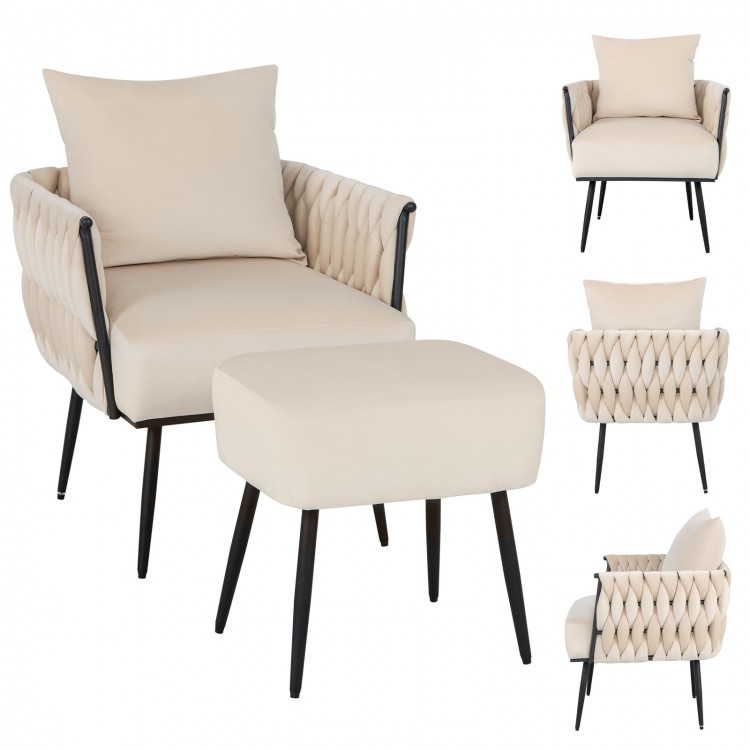 Modern Dutch velvet accent chair showcasing a weaved back and arms, designed for comfort in living room or study.
