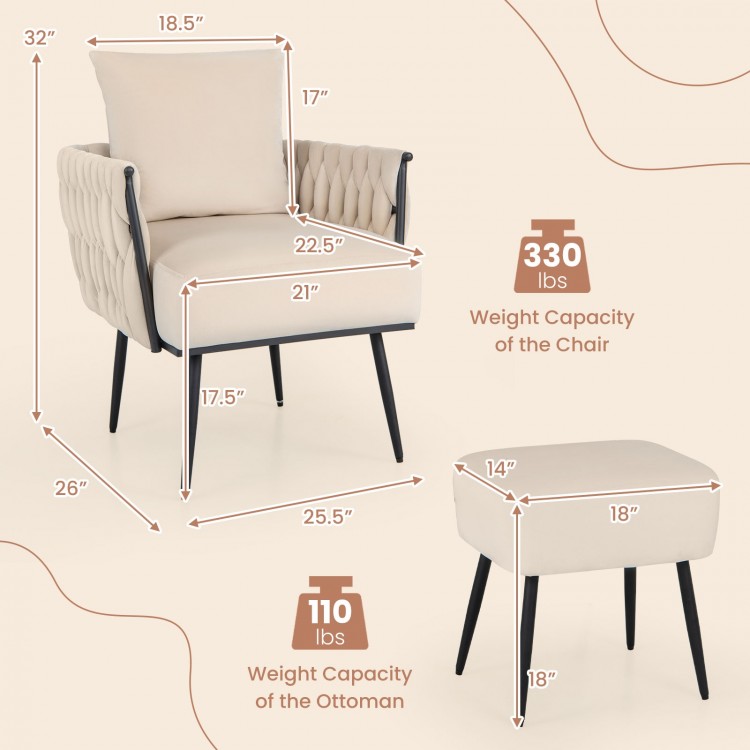Modern Dutch velvet accent chair and ottoman set with weaved back, featuring ergonomic design for living room comfort.