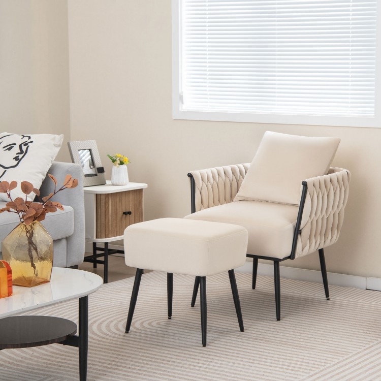 Modern Dutch velvet accent chair and ottoman set with weaved back, perfect for living room relaxation.
