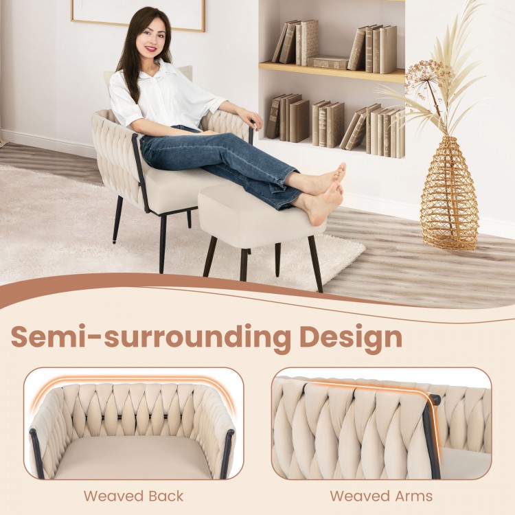 Modern Dutch velvet accent chair with weaved back and arms, featuring a thick cushion for comfort in living room or.